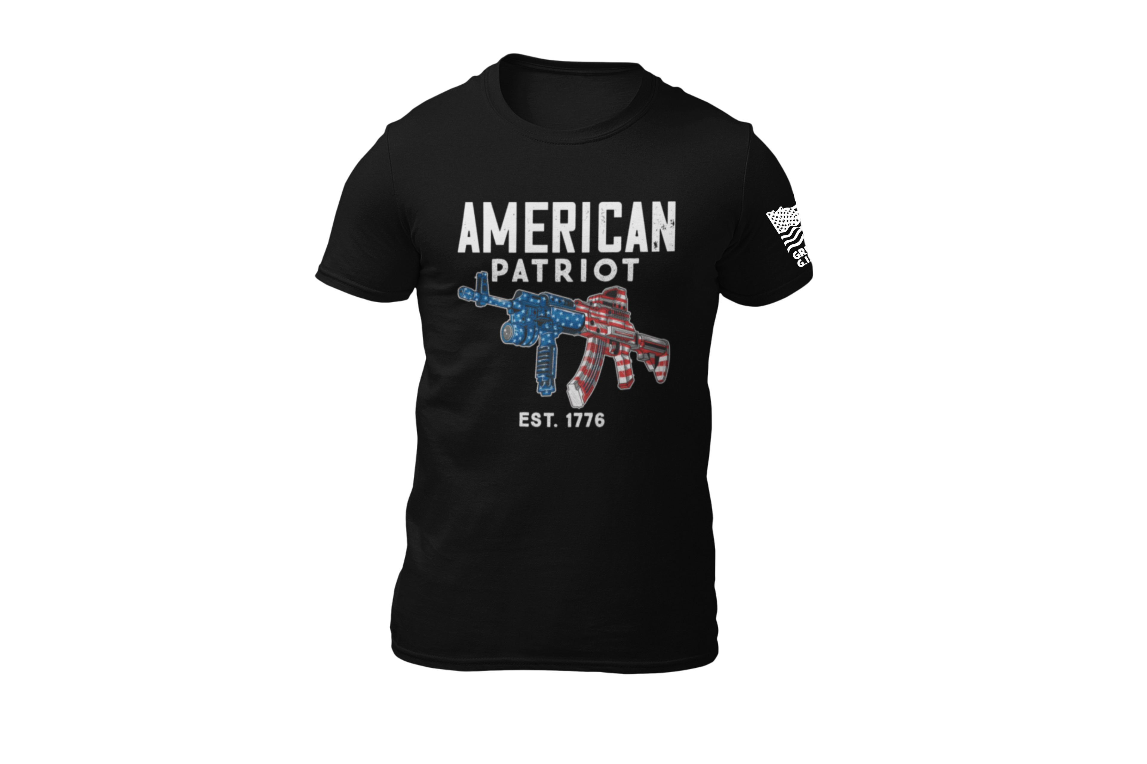 Black t-shirt with 'American Patriot' text and graphic on a white background