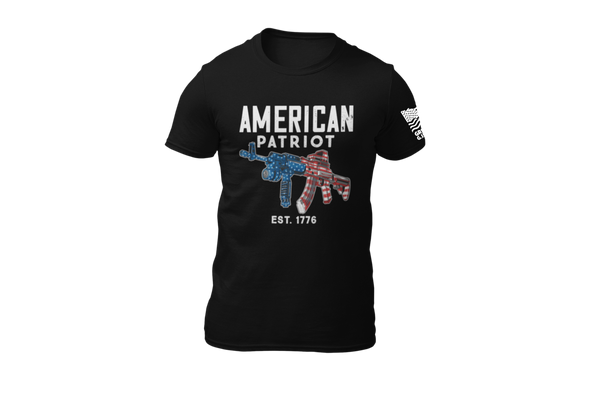 Black t-shirt with 'American Patriot' text and graphic on a white background